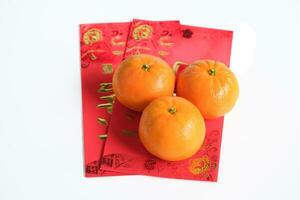 Happy New Year Chinese year of dragon 2024. Mandarin orange on red envelopes isolated on white background. photo