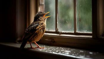 AI generated A cute starling perching on a snowy branch, looking at camera generated by AI photo