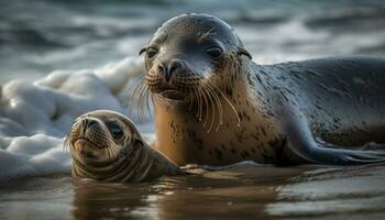 AI generated Cute seal pup resting on snowy coastline, looking at camera generated by AI photo