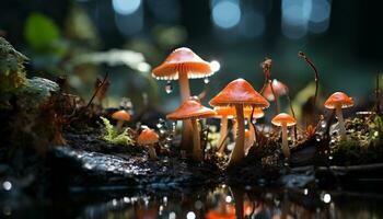 AI generated Freshness of autumn forest, macro growth of uncultivated toadstool generated by AI photo