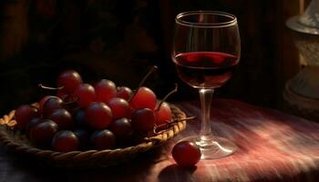 AI generated Fresh grape on wooden table, a glass of wine awaits generated by AI photo