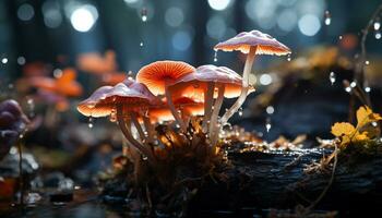AI generated Close up of a small orange toadstool in the autumn forest generated by AI photo