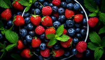 AI generated Freshness of summer berries on a wooden table, a healthy dessert generated by AI photo