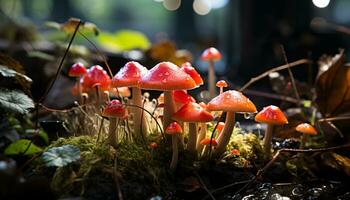 AI generated Freshness of autumn growth, close up of small toadstool in forest generated by AI photo