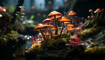 AI generated Freshness and growth in the uncultivated forest, a macro toadstool generated by AI photo