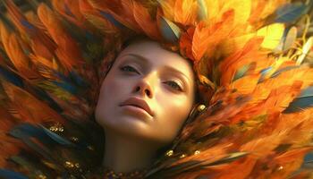 AI generated A beautiful young woman with brown hair in vibrant autumn colors generated by AI photo