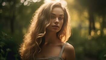 AI generated Young woman in nature, beauty and elegance, looking at camera generated by AI photo