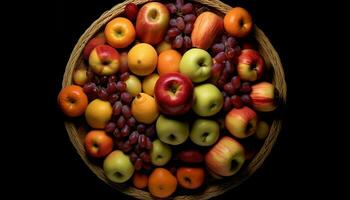 AI generated Freshness of nature bounty apple, grape, tomato, vegetable, berry, citrus generated by AI photo