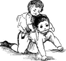 Baby playing with her brother in this picture vintage engraving. vector