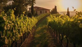 AI generated Sunset over a vineyard, a rural scene of nature beauty generated by AI photo