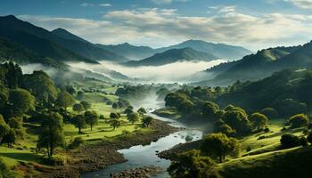 AI generated Mountain landscape with forest, tree, fog, grass, and water meadow generated by AI photo