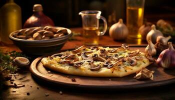 AI generated Rustic wood table, fresh homemade pizza, gourmet meal, mozzarella slice generated by AI photo