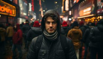 AI generated A young adult walking in the city, braving the winter rain generated by AI photo