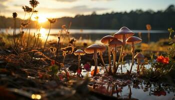AI generated The autumn forest glows with yellow, uncultivated fungus growth generated by AI photo