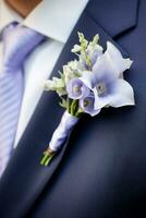 AI generated Dapper Details Macro Shot of Groom's Boutonniere with Periwinkle Accents photo