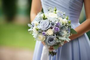 ai generado nupcial armonía bígaro elegancia capturado con ramo de flores foto