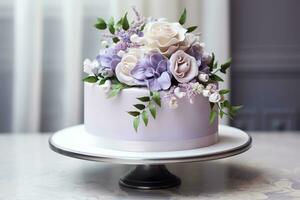 ai generado floraciones de amor Boda pastel adornado en lila y bígaro foto
