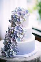 AI generated Blooms of Love Wedding Cake Adorned in Lilac and Periwinkle photo