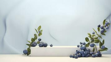 AI generated Minimal scene empty podium with fresh blueberry. Pedestal for cosmetic product of blueberry. Studio photography. photo