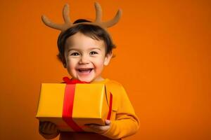 AI generated Happy little boy in reindeer antlers on a bright background. Give gifts. New year sales, advertising, discounts. photo