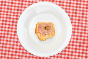 Crispy Salted Cracker with Liver Pate and Olives on White Plate. Easy Snack photo