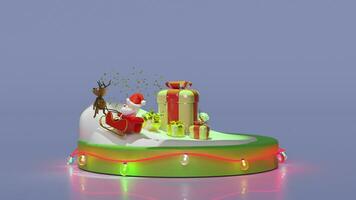 3d musical box with reindeer, Santa Claus, sleigh, gift box, snowman, snow hill, glass transparent lamp garlands. merry christmas and happy new year video