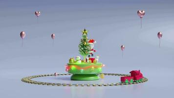 3d musical doos met de kerstman claus dans, sneeuwman, hert, geschenk doos, glas transparant lamp slingers, locomotief, spoorweg. vrolijk Kerstmis en gelukkig nieuw jaar, video