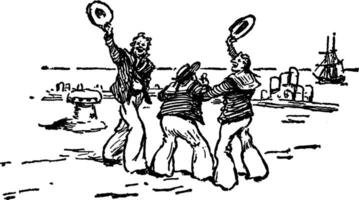 Sailors Waving Their Hats while Interlocking Arms, vintage illustration vector