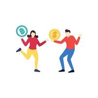 hombre mujer intercambiar dólar y bitcoin dinero moneda personas personaje plano diseño vector ilustración