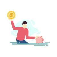 hombre depositando dólar dinero moneda en cerdito banco personas personaje plano diseño vector ilustración
