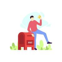 man is sending a letter red mail box people character flat design vector illustration