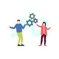 man and woman group discussion gear cogwheel system strategy people character vector illustration flat design