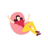 Happy young woman relaxing sit on lounge soft bean bag chair or the sacco chair people character flat design vector illustration