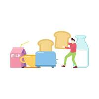 man take bread toaster and milk breakfast food people character flat design vector illustration