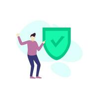 man is pointing at the shield with checklist people character flat design vector illustration