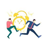 two man run avoid from alarm clock deadline people character flat design vector illustration