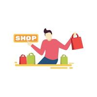 hombre participación compras bolso puntiagudo y tienda etiqueta personas personaje plano diseño vector ilustración