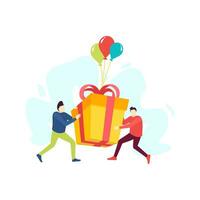 two man are lifting large gift box party birthday people character flat design vector illustration