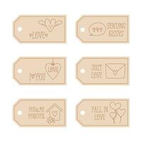 Valentines Day printable tags template in doodle style, hand-drawn love theme icons and quotes. Romantic mood, cute symbols and elements collection. vector