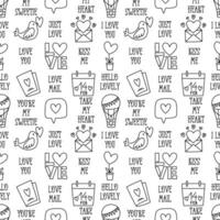 Valentines Day doodle style seamless pattern in black and white, hand-drawn love theme icons and quotes background. Romantic mood, cute symbols and elements collection. vector