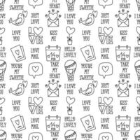 Valentines Day doodle style seamless pattern in black and white, hand-drawn love theme icons and quotes background. Romantic mood, cute symbols and elements collection. vector