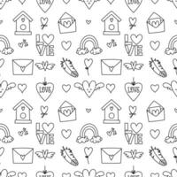 Valentines Day doodle style seamless pattern in black and white, hand-drawn love theme icons and quotes background. Romantic mood, cute symbols and elements collection. vector