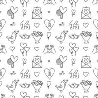 Valentines Day doodle style seamless pattern in black and white, hand-drawn love theme icons background. Romantic mood, cute symbols and elements collection. vector