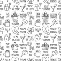 Valentines Day doodle style seamless pattern in black and white, hand-drawn love theme icons and quotes background. Romantic mood, cute symbols and elements collection. vector
