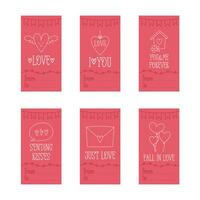 Valentines Day printable gift tags template in doodle style, hand-drawn love theme icons and quotes. Romantic mood, cute symbols and elements collection. vector