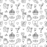 Valentines Day doodle style seamless pattern in black and white, hand-drawn love theme icons background. Romantic mood, cute symbols and elements collection. vector