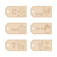 Valentines Day printable tags template in doodle style, hand-drawn love theme icons and quotes. Romantic mood, cute symbols and elements collection. vector