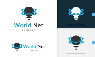 Logo design icon of geometric planet with line below it showing wireless signal or light bulb lamp vector