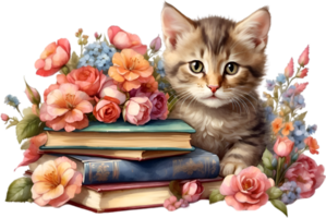 AI generated Kitten with Stack of books. Ai-Generated. png