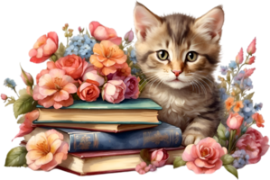 ai généré chaton avec empiler de livres. ai-généré. png